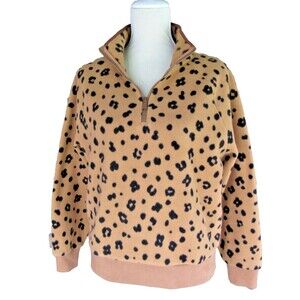 Madewell MWL Betterfleece Half-Zip Sweatshirt Cheetah Print Make Weekends Longer
